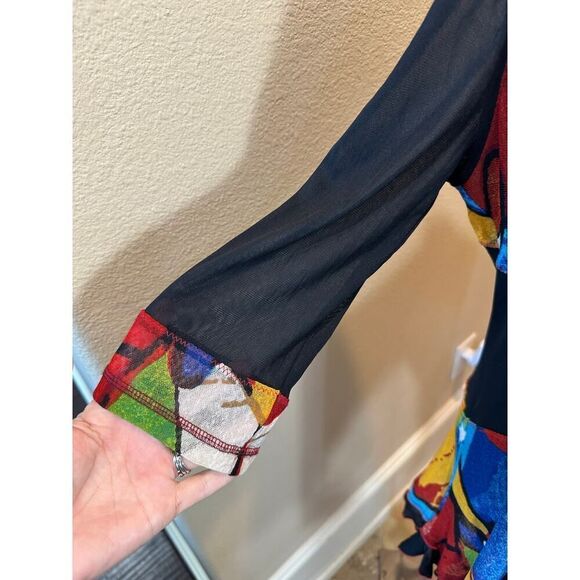 Lior Paris Size Large Tunic 3/4 Mesh Sleeve Asymmetric Patchwork Artsy Top - Picture 7 of 16